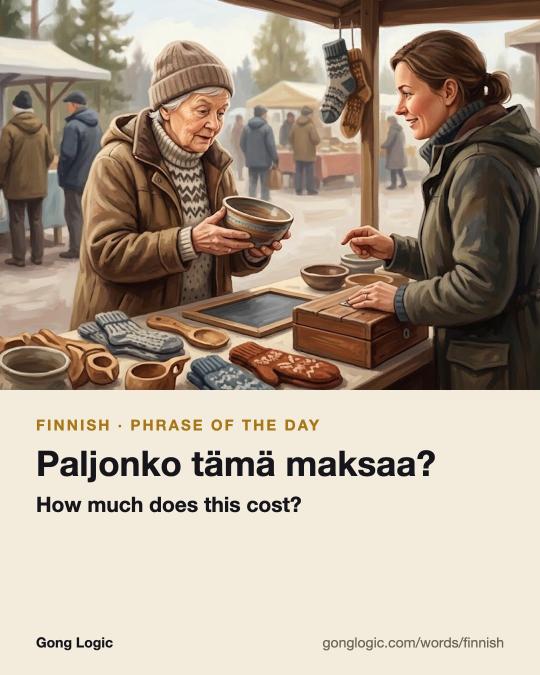 The Finnish word Paljonko tämä maksaa?, illustrated