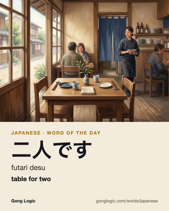 The Japanese word 二人です, illustrated
