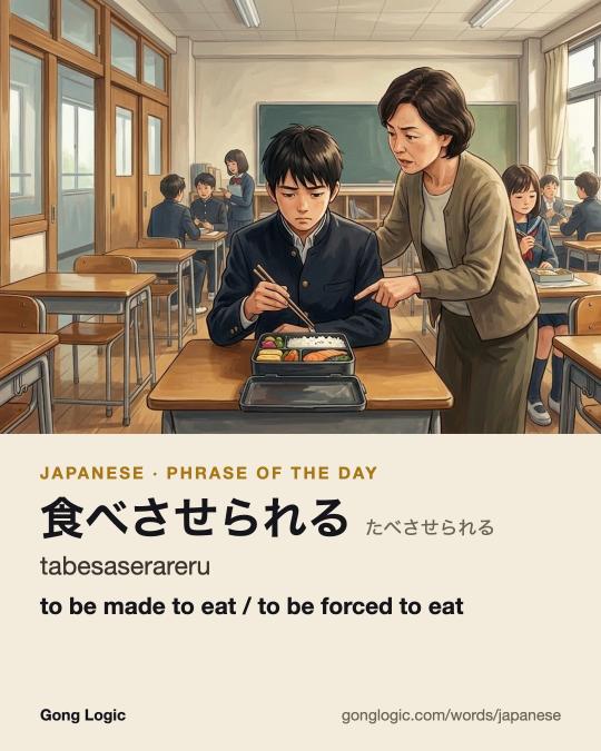 The Japanese word 食べさせられる, illustrated