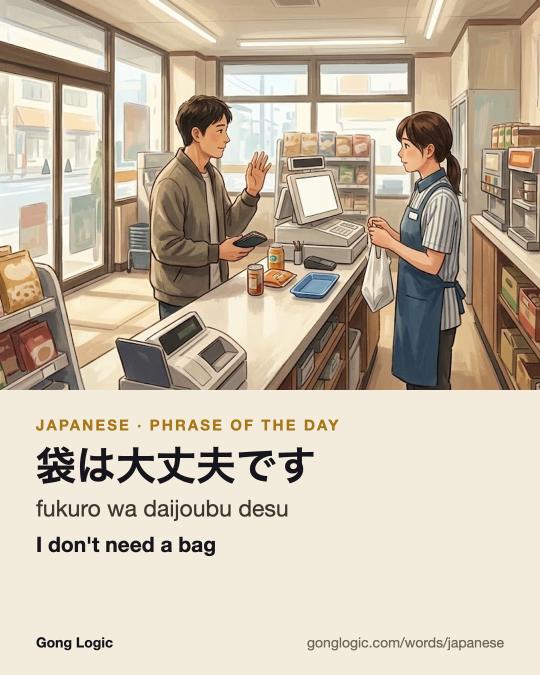 The Japanese word 袋は大丈夫です, illustrated