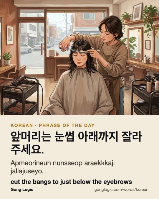 The Korean word 앞머리는 눈썹 아래까지 잘라주세요., illustrated
